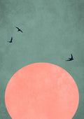 Minimalist artwork with three birds flying over a large pink sun against a muted green sky.
