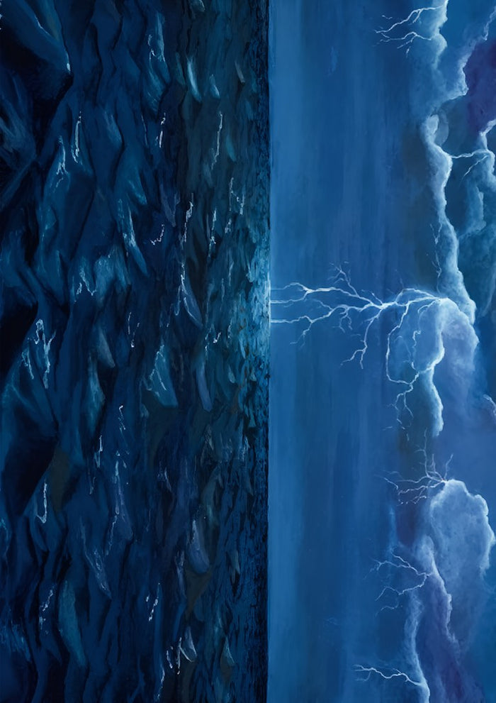 A Distant Storm by KG Studio - white lightning forking out of a cloud wall over choppy navy and teal water