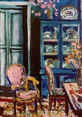 A moment of peace by Mariam De Giorgio — a blue china dresser, a gilded pink chair and vases of blossom in a shuttered room