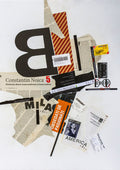 A new story about Ephemera by Dada - torn newsprint, tickets and labels pasted around one large black B