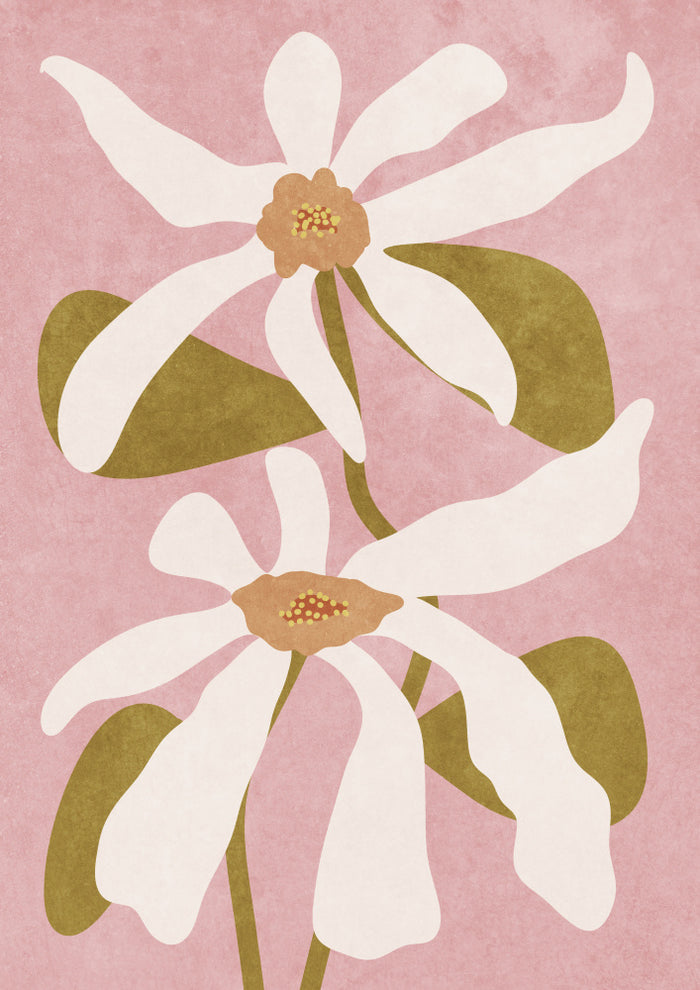 Abstract illustration of two white flowers with green leaves on a pink background, by Raissa Oltmanns.