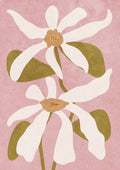 Abstract illustration of two white flowers with green leaves on a pink background, by Raissa Oltmanns.