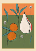Abstract illustration of a pear and two oranges with leaves on a green and orange background.