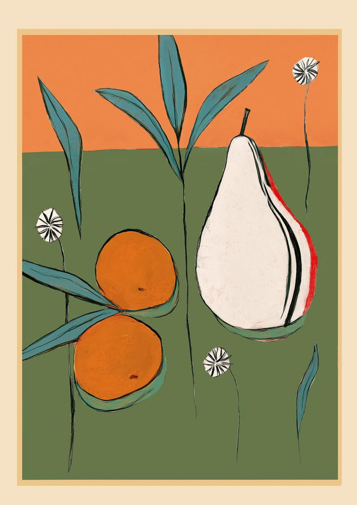 Abstract illustration of a pear and two oranges with leaves on a green and orange background.