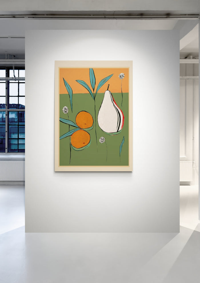 Abstract artwork by Branka Kodžoman featuring a pear, two oranges, and leaves on a green and orange background.