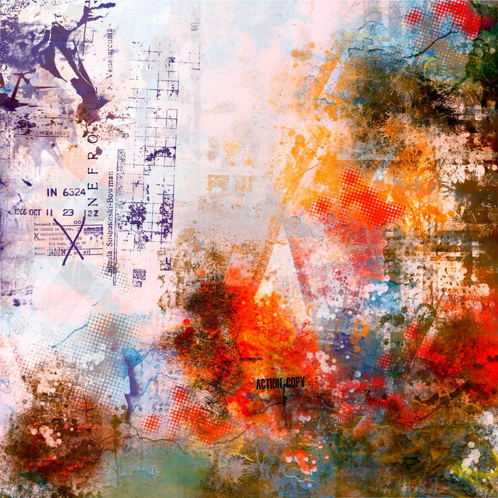 Action Copy by Dada - orange and scarlet burning up one side of a declassified document sheet