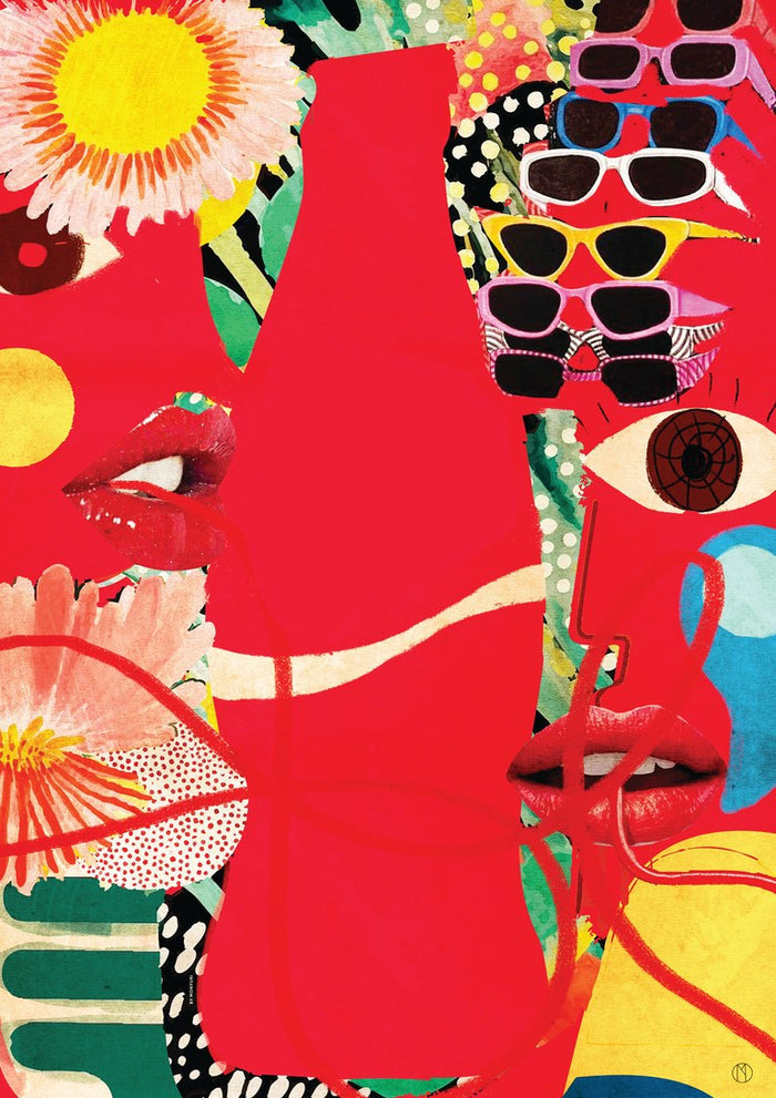 Akin by Monyuri - red pop art collage with profiles, sunflowers and sunglasses