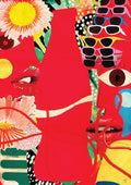 Akin by Monyuri - red pop art collage with profiles, sunflowers and sunglasses
