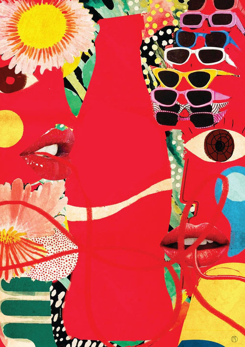Akin by Monyuri - red pop art collage with profiles, sunflowers and sunglasses