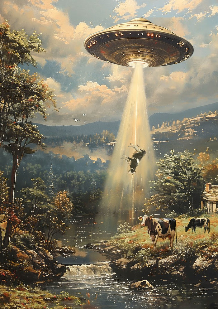 Alien Cow-spiracy by Dikhotomy - flying saucer beaming up a cow over a vintage-style wooded valley
