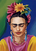Digital portrait of a woman with colorful flowers in her hair, gold earrings, and vibrant clothing for Kate Aitana.