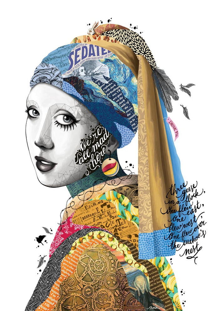 Colorful, modern collage artwork of Girl with a Pearl Earring by All Mad Here - Nour Tohme on product page.