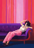 Stylized woman in pink pants lounges on a purple sofa against a vibrant, striped pink backdrop.