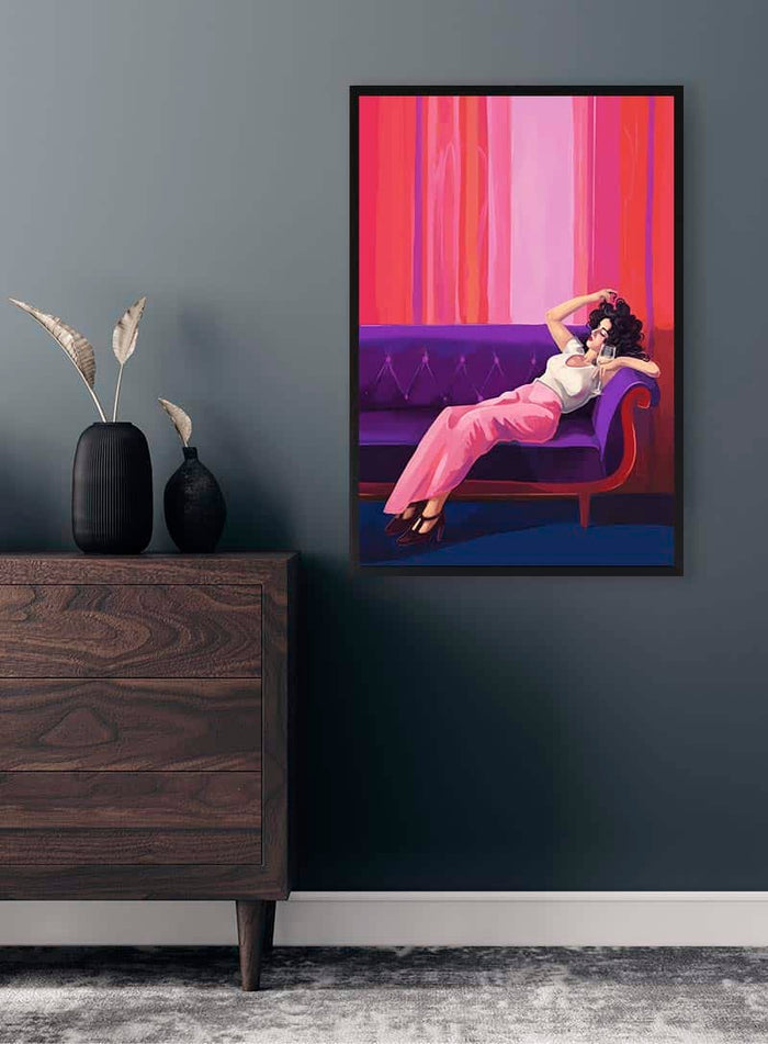 Framed All That Jazz - Kate Aitana artwork on a wall above a dresser in a modern room setting.