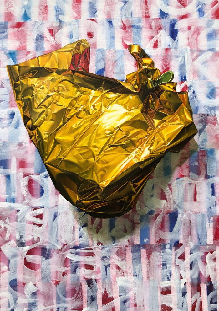 America by Adrian DeDea - crumpled gold foil on a red, white and blue graffiti background