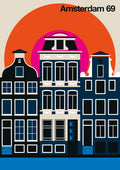 Amsterdam 69 by Bo Lundberg - navy canal houses against an orange and hot pink sun