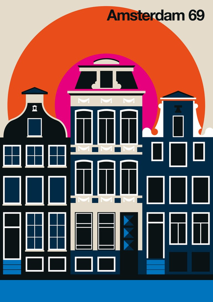 Amsterdam 69 by Bo Lundberg - navy canal houses against an orange and hot pink sun
