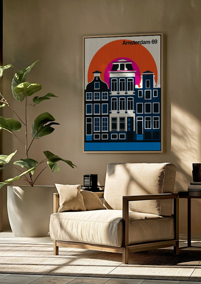 Amsterdam 69 by Bo Lundberg framed above a beige armchair beside a potted plant