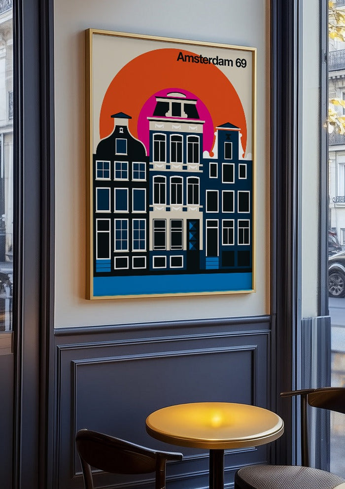 Amsterdam 69 by Bo Lundberg in an oak frame on a panelled café wall