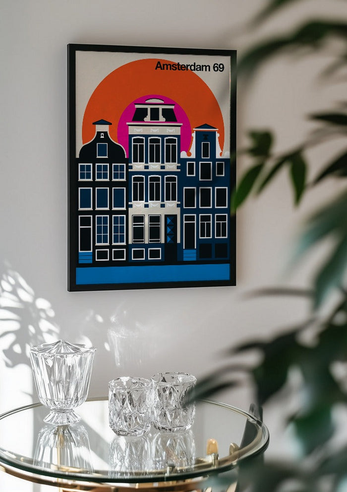 Amsterdam 69 by Bo Lundberg in a black frame above a glass table with crystal glassware