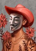 Person wearing a Guy Fawkes mask and red cowboy hat, surrounded by red flowers on a gray background.