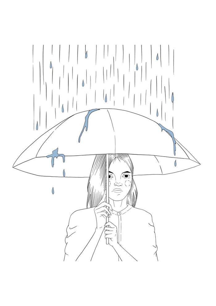 Anxiety poster by Lisen Vennesland with a line art woman holding an umbrella in the rain