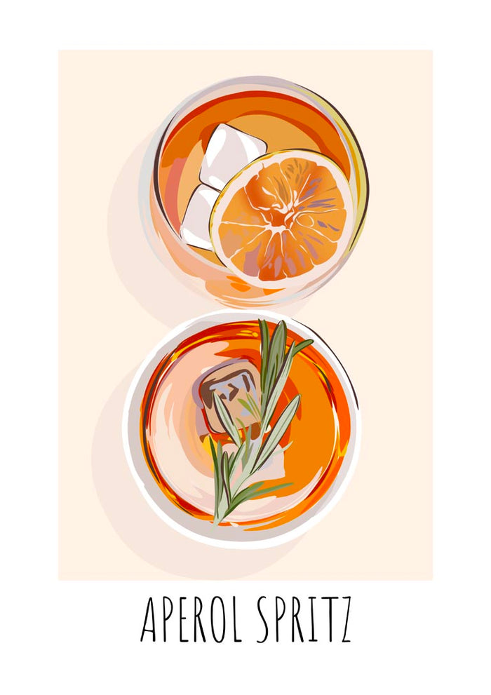 Aperol Spritz poster by Lisen Vennesland with two orange cocktails seen from above on a peach background
