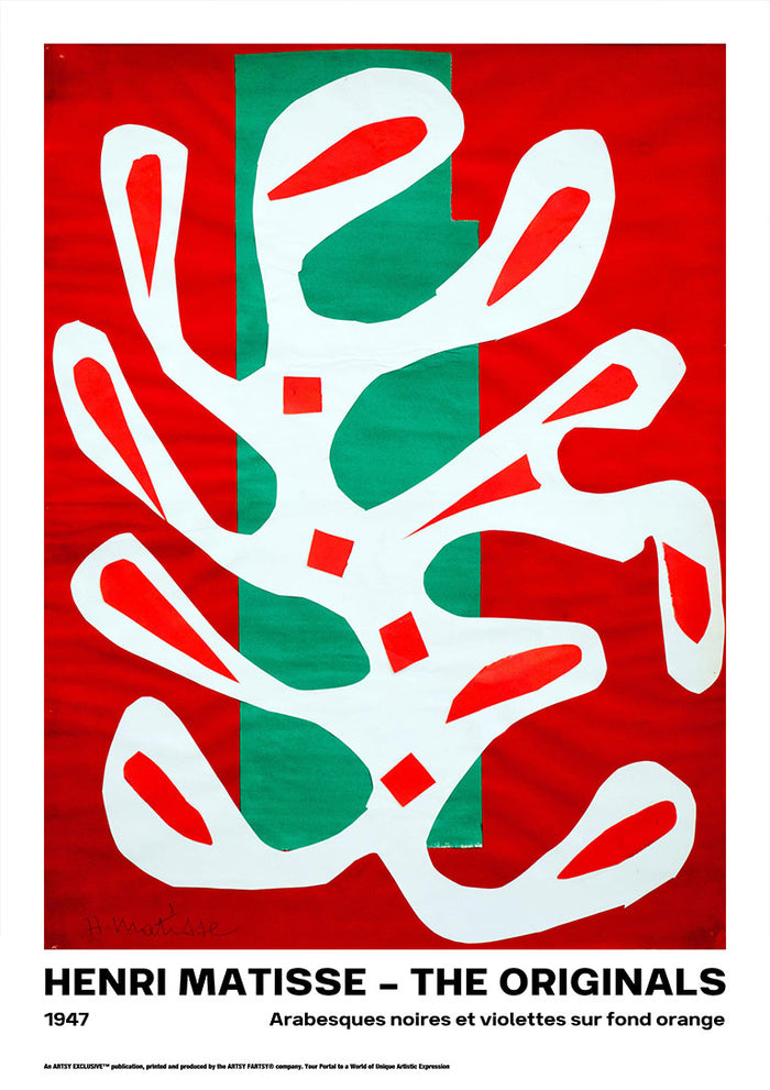 Abstract white organic shapes on red and green background, from Henri Matisse's "Arabesques" series, 1947.