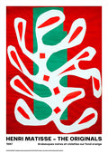 Abstract white organic shapes on red and green background, from Henri Matisse's "Arabesques" series, 1947.