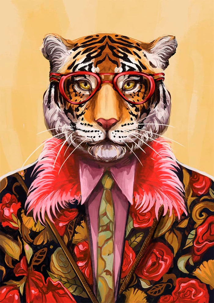 Illustration of a tiger in floral suit, red glasses, and green tie for Artsy Fartsy Tiger - Vincent V.