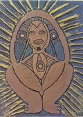 Atabey by Naïve Art by YLR - the Taíno goddess crouching in a brown oval with gold rays on deep indigo