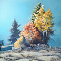 Autumn Morning by Cristina Iacob - a haystack and yellow birches on frosted ground under a turquoise sky