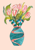 Baby tulips by Marjorie Salvagni - pale pink tulips in a teal vase with a coral ribbon
