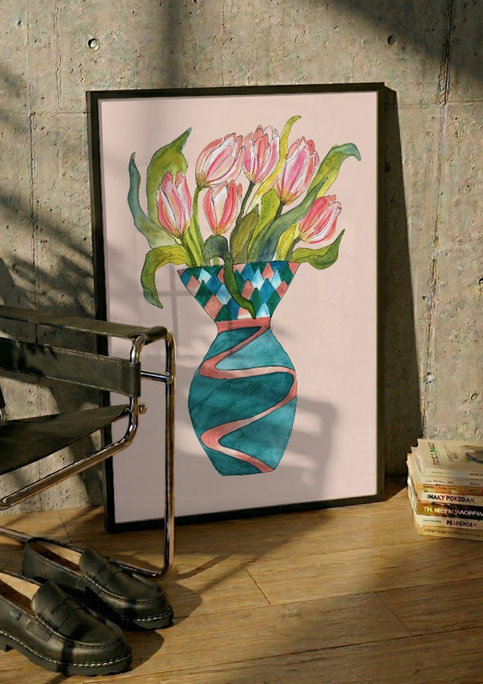 Baby tulips by Marjorie Salvagni in a black frame leaning against a concrete wall by a steel chair