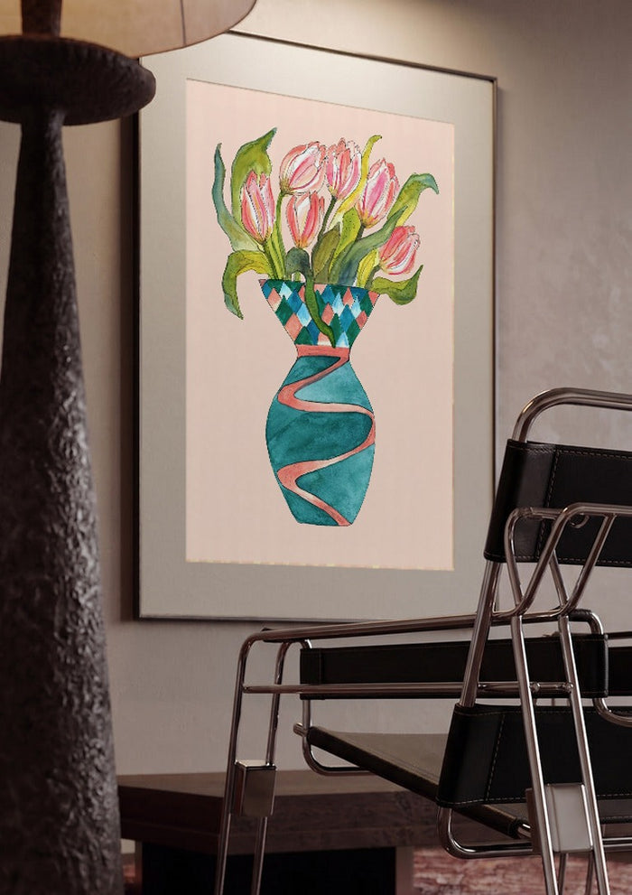 Baby tulips by Marjorie Salvagni framed in a dim room beside a tubular steel chair