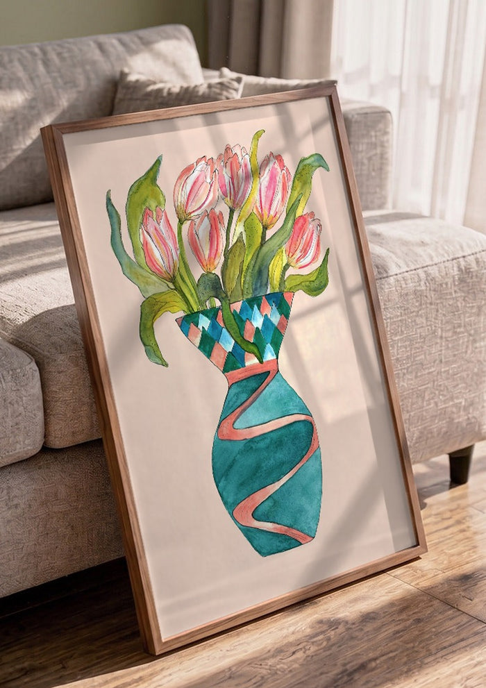 Baby tulips by Marjorie Salvagni in a walnut frame leaning against a grey sofa