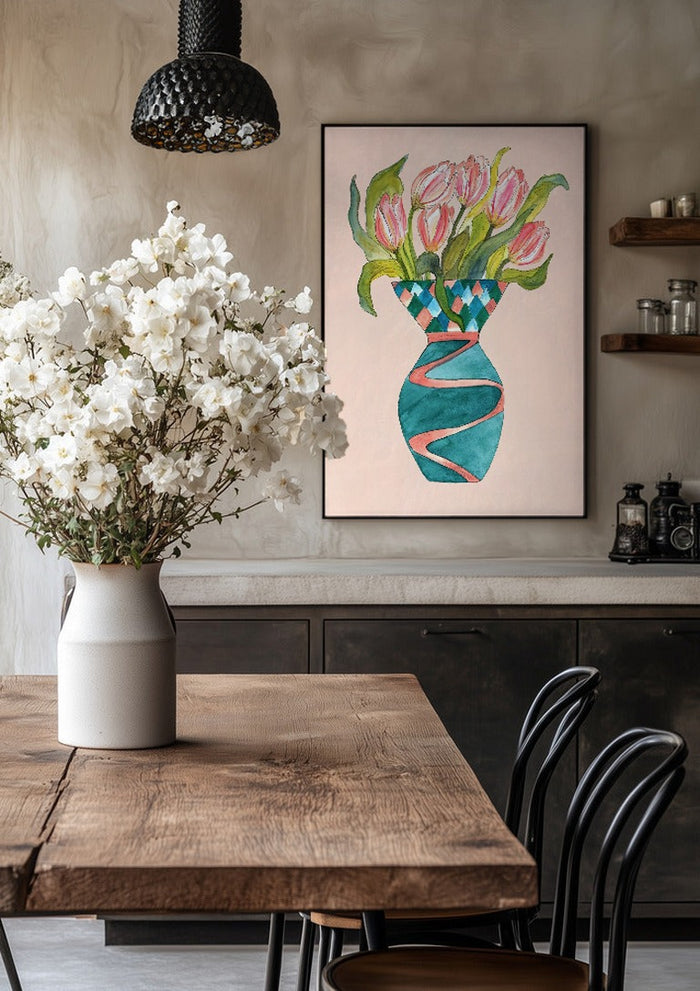 Baby tulips by Marjorie Salvagni in a black frame above a rustic table with white flowers