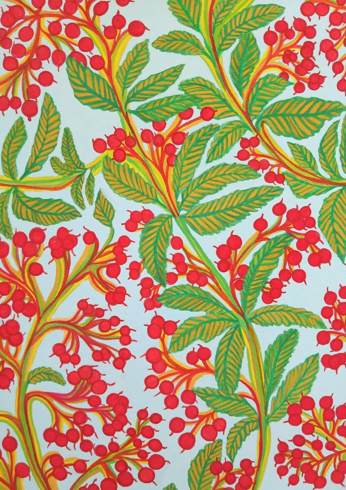 Bacche rosse by Maria Emanuela Fiori - clusters of red berries on green pinnate leaves against pale ice blue