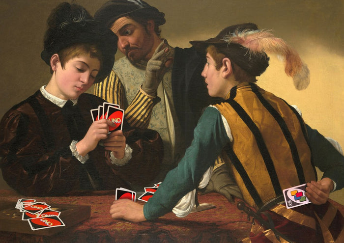 Backside Victory by Dikhotomy - Caravaggio's The Cardsharps with the playing cards replaced by UNO cards