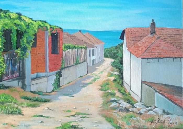 Balcik by Cristina Iacob - a cream house with a red roof and hanging washing above worn stone steps