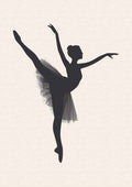 Silhouette of a ballet dancer in an arabesque pose, wearing a tutu on a light background.