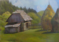 Barn and Haystacks by Cristina Iacob - a grey timber barn and two conical haystacks on a green hill slope