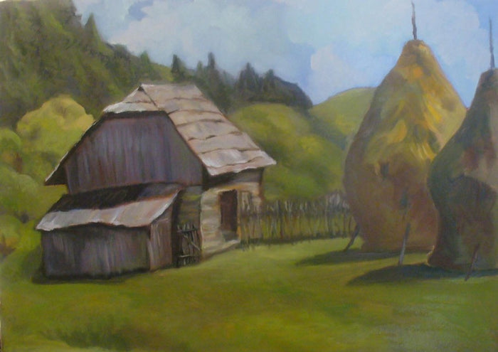 Barn and Haystacks by Cristina Iacob - a grey timber barn and two conical haystacks on a green hill slope