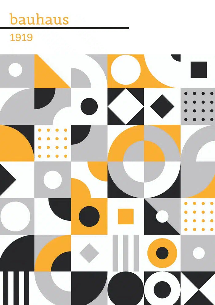 Bauhaus 1919 black and white poster with geometric shapes in yellow, black, gray, and white.