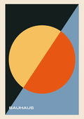 Bauhaus art poster with intersecting orange and yellow circles over black and blue geometric background.