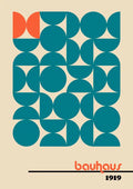 Abstract Bauhaus poster with blue geometric shapes, one orange accent, "bauhaus" and "1919" text at the bottom.