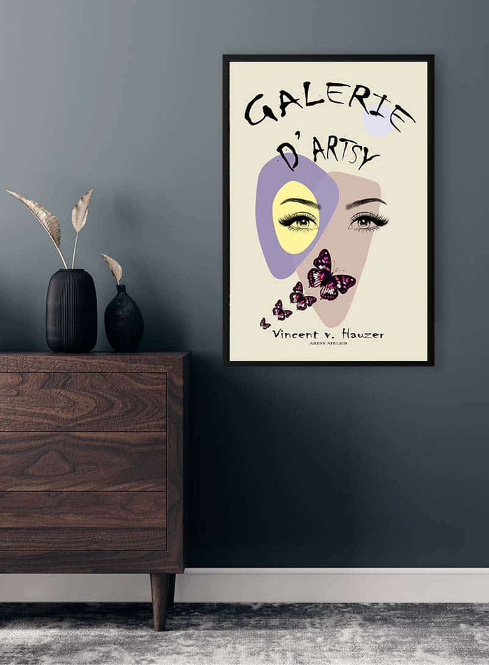 Framed "Be my Butterfly" poster by Vincent von Hauzer featuring an abstract face and butterflies on a wall.