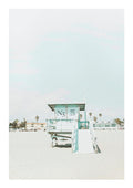 Minimalist beach tower with "N5" sign, sandy foreground, pastel sky; Beach Tower Naturposter product image.