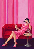 Illustration of a woman in a pink dress relaxing on a red sofa with wine, from Before Dinner by Kate Aitana.