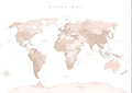 Beige world map poster with country names in soft pastel tones, minimalist design for wall decor.